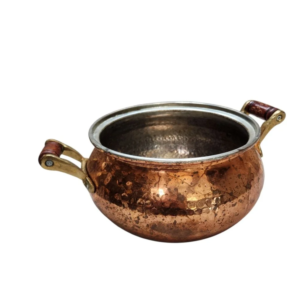 Vintage French Hammered Copper Stock Pot Tin Brass Handles Decorative **NO Lid**
